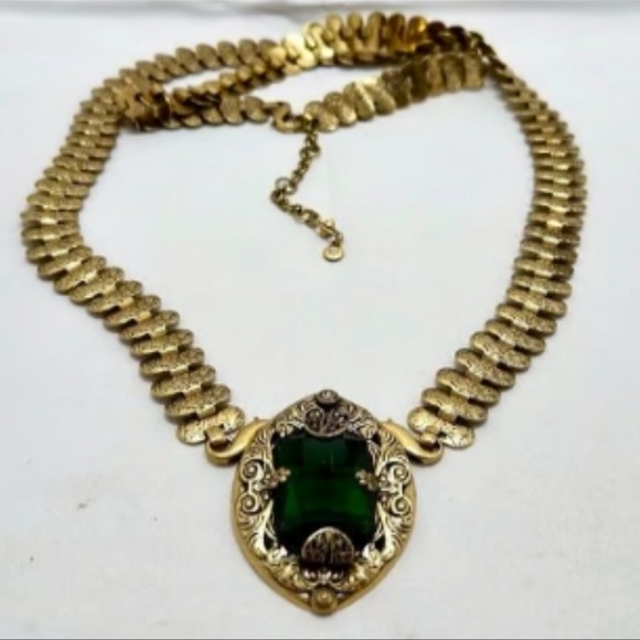 CAbi Gold Necklace with Large Green Centerpiece long textured wide necklace
